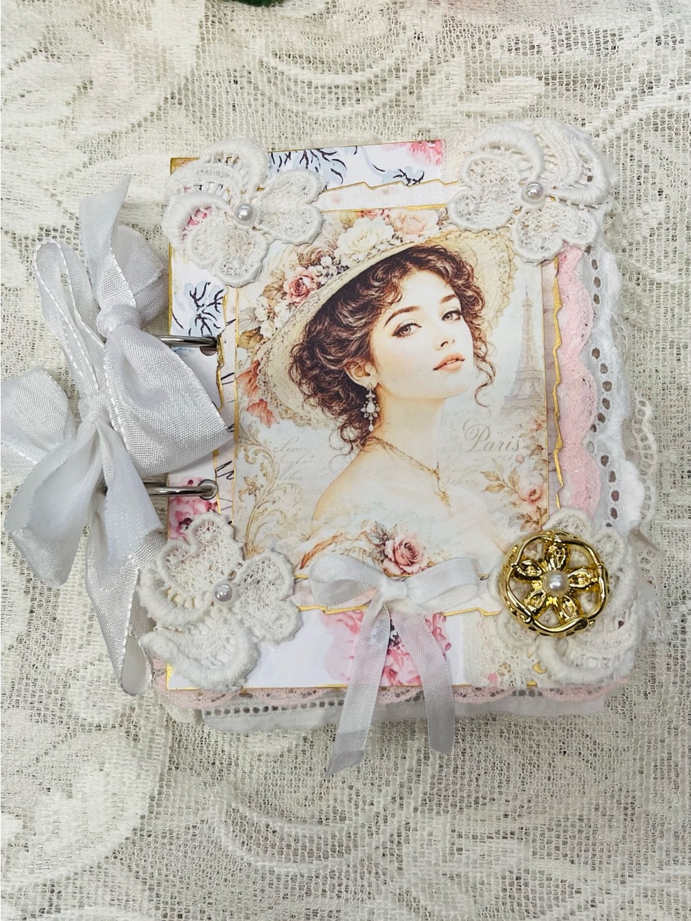 Handmade Vintage Style Floral Lace Journal — White & Pink Elegant